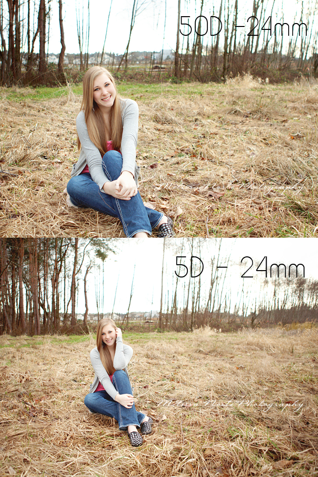 A photo of a girl wearing a gray sweater showing the differences between the 24mm lens on a full frame vs crop sensor camera