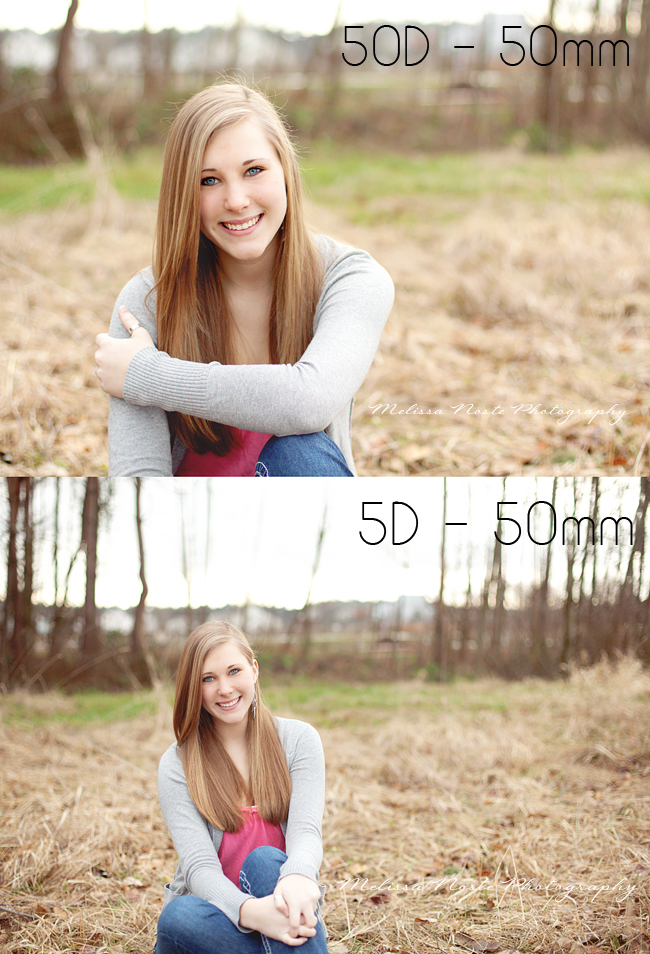 A photo of a girl wearing a gray sweater showing the differences between the 50mm lens on a full frame vs crop sensor camera