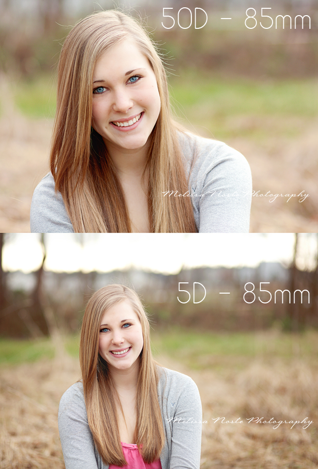 A photo of a girl wearing a gray sweater showing the differences between the 85mm lens on a full frame vs crop sensor camera